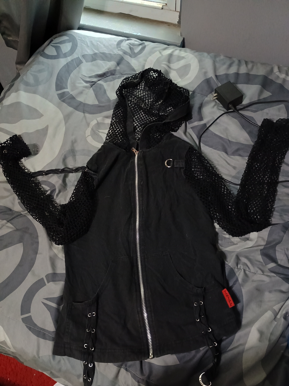 Tripp NYC Black Hooded Mesh-Sleeve Utility Jacket